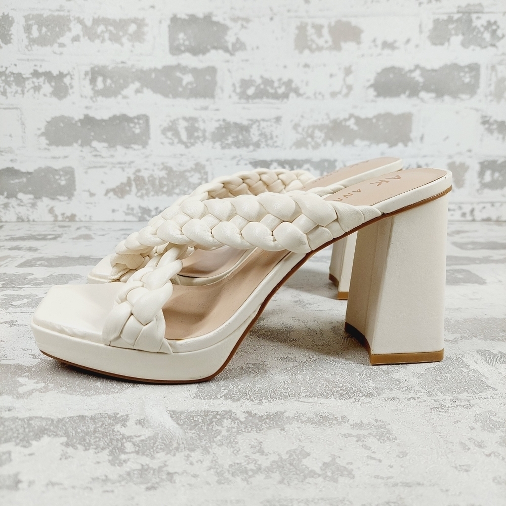 New Anne Klein Aided White Braided Straps Block Heel Sandals T631